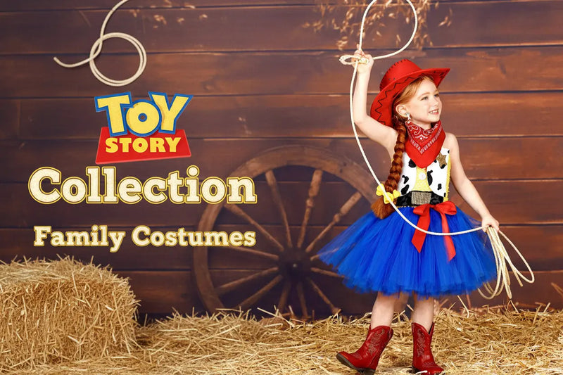 Toybox Adventures collection featuring character inspired costumes, matching sibling sets, space ranger outfits, cowgirl costumes, and whimsical dress-up styles for kids.