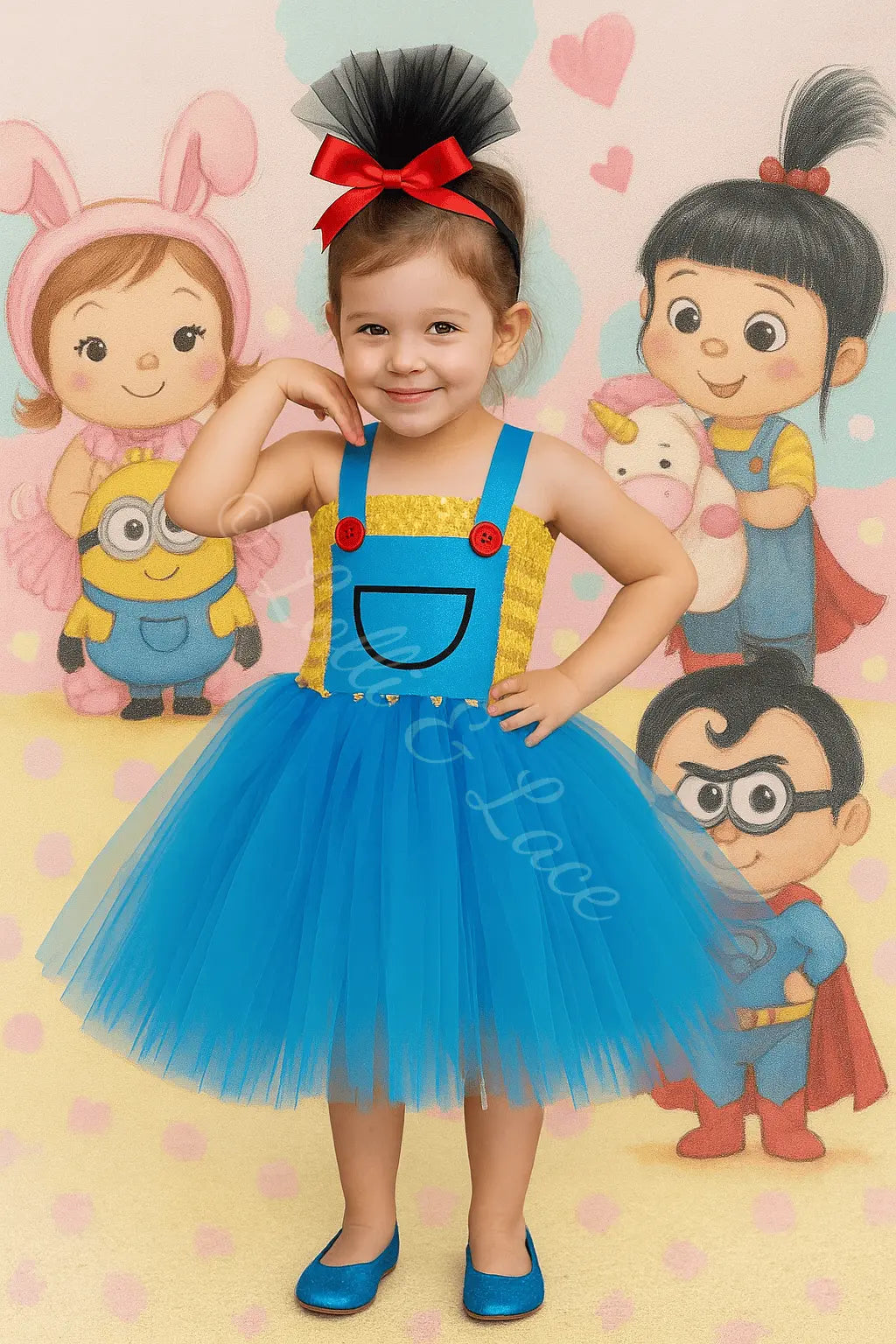 Agnes's Magical Unicorn Adventure Tutu Dress & Headband Set featuring a bright blue tutu dress with overall-inspired details, red button accents, and a matching black tulle bow headband for girls.