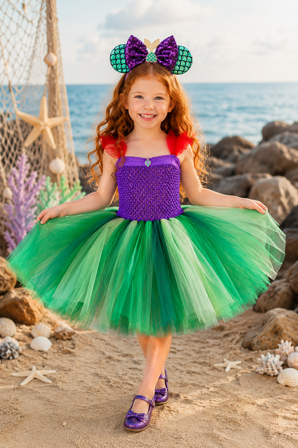 Ariel-inspired purple and green tutu dress for girls with red shoulder accents, layered green tulle skirt, jeweled bodice detail, and mermaid ear headband.