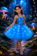 Girl wearing a bright blue Avatar-inspired LED tutu dress with glowing lights throughout the bodice and tulle skirt, paired with pointed fantasy elf ears.