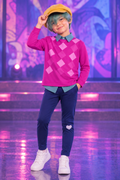 Baby Saja KPop Demon Hunters boys costume with pink argyle top navy pants yellow cap and mint-green wig
