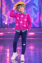 Baby Saja KPop Demon Hunters boys costume with pink argyle top navy pants yellow cap and mint-green wig