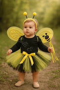 Bee Sweet Tutu Costume Set with black and yellow tutu skirt, bee wings, bee headband, and matching bee wand for babies, toddlers, and girls.