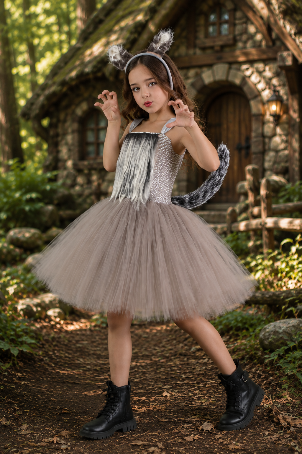 Girls Big Bad Wolf woodland tutu dress costume set with ears and tail