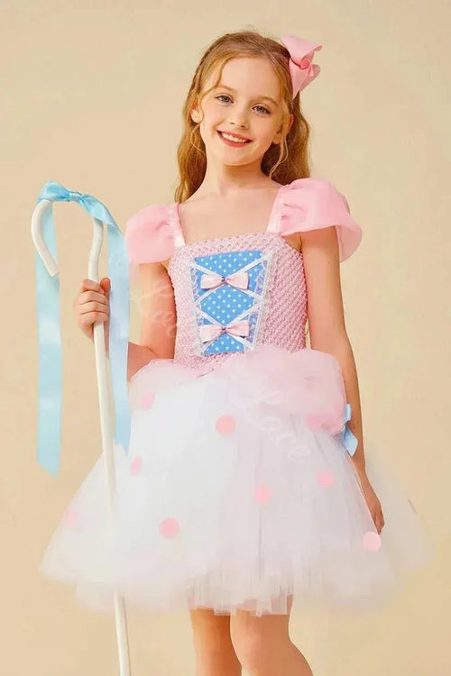 Bo Peep's Sweet Shepherd Princess Tutu Dress & Bow Set featuring a pink and white polka dot tutu dress with blue bodice details, puff sleeves and matching pink bow headband