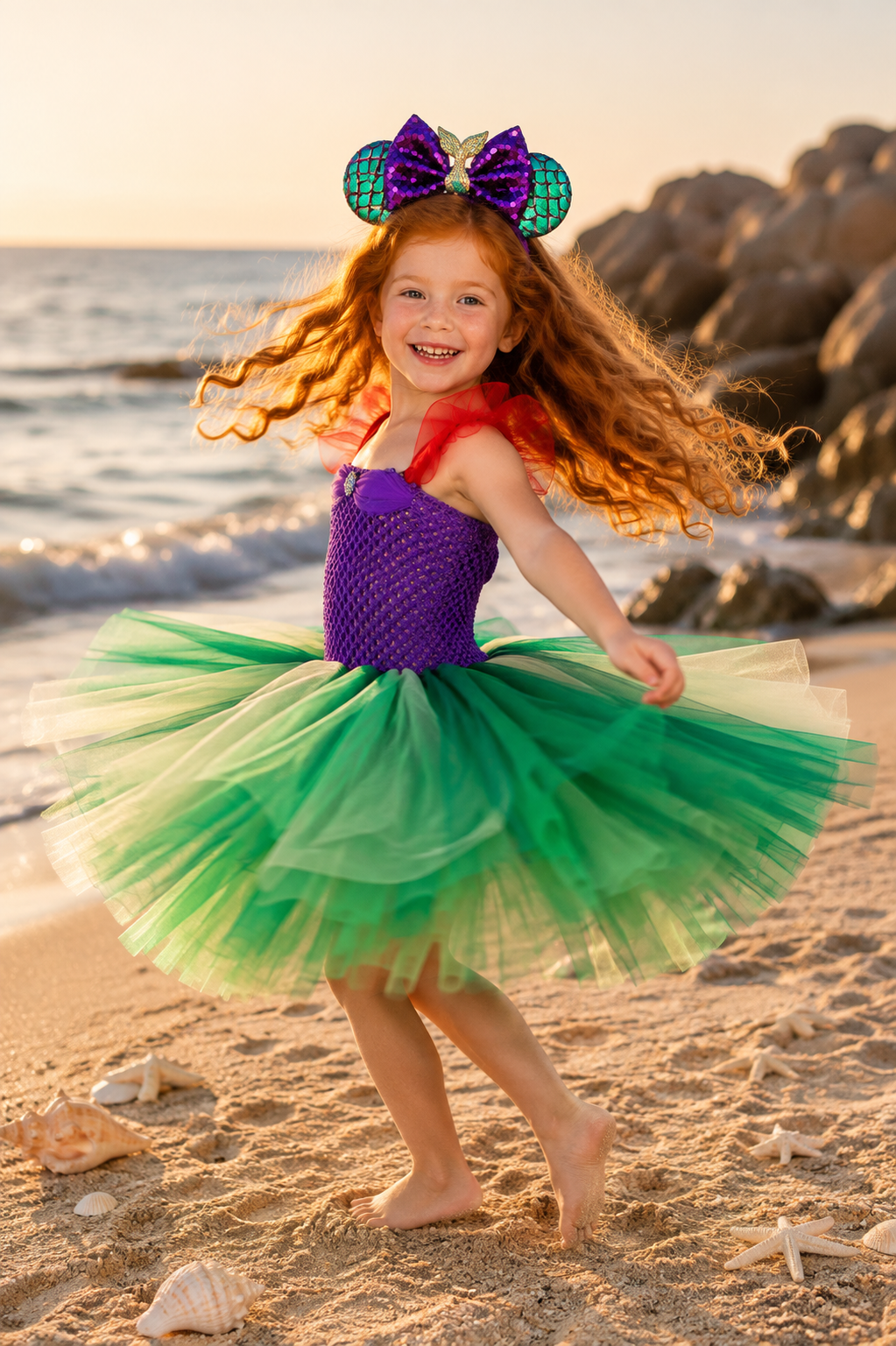 Ariel’s Under the Sea Tutu Dress & Mermaid Ear Headband Costume Set for Girls