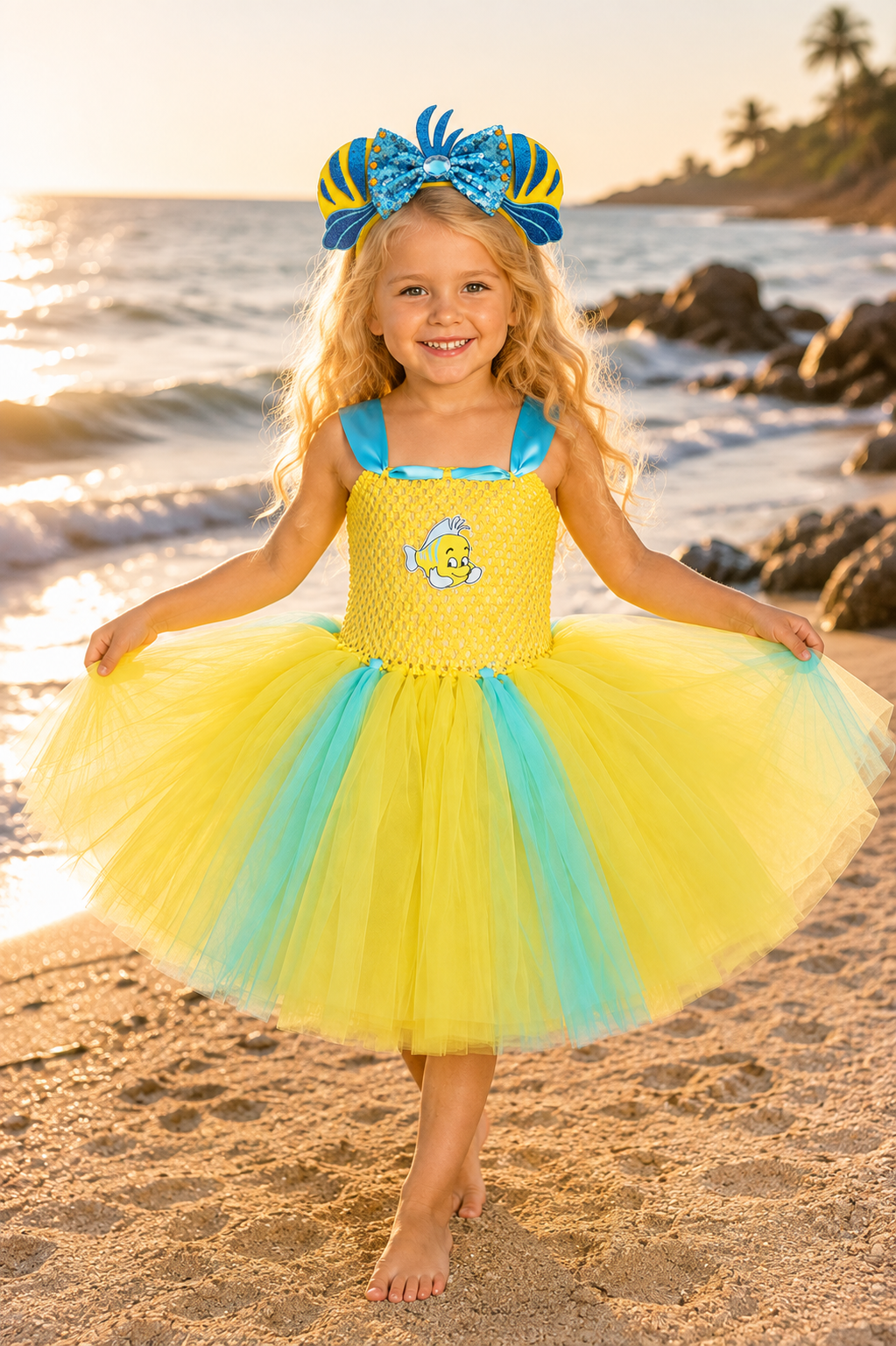 Flounder’s Under the Sea Tutu Dress & Fish Ear Headband Costume Set for Girls