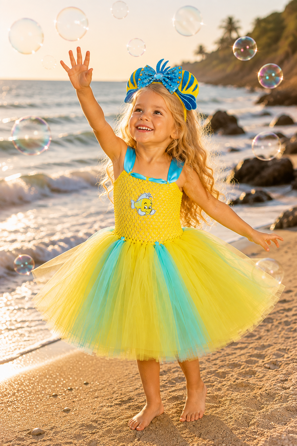 Flounder’s Under the Sea Tutu Dress & Fish Ear Headband Costume Set for Girls