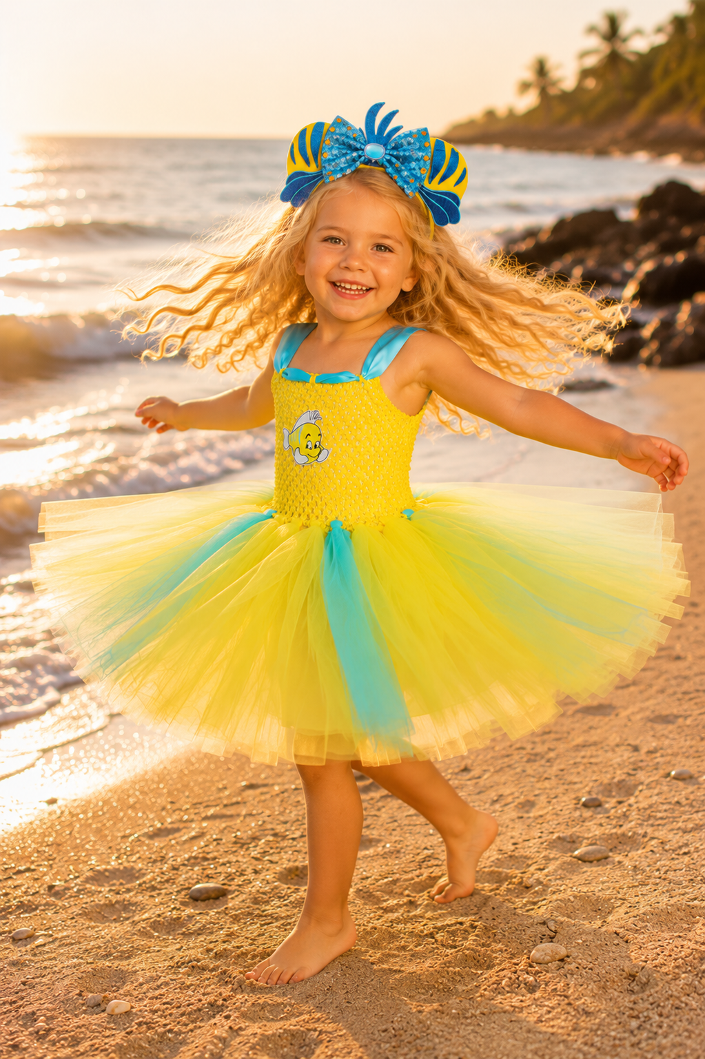 Flounder’s Under the Sea Tutu Dress & Fish Ear Headband Costume Set for Girls