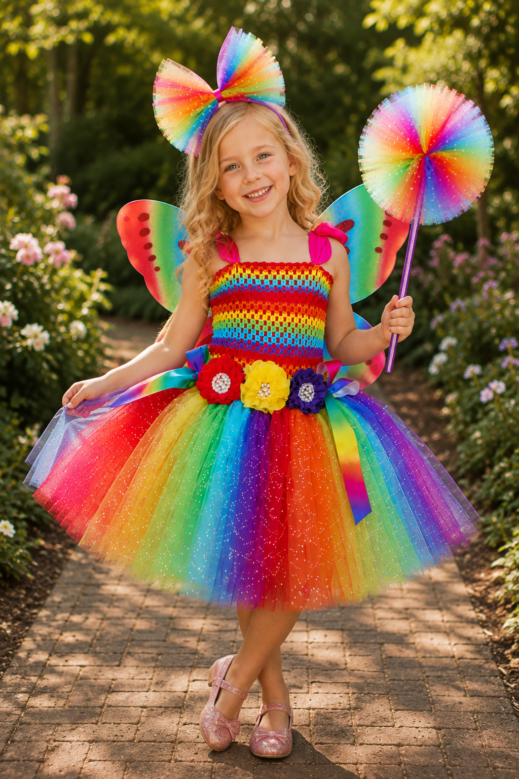 Rainbow Wishes Fairy Princess Tutu Dress, Wings & Wand Costume Set