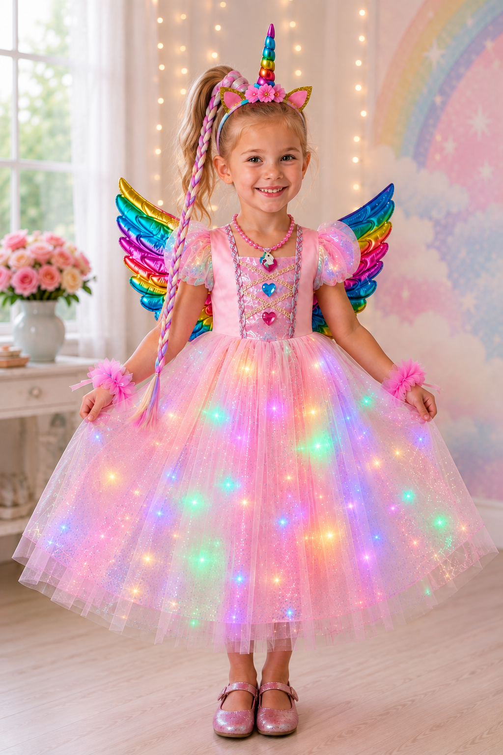 Rainbow Unicorn Magic LED Light-Up Princess Dress & Deluxe Accessory Set