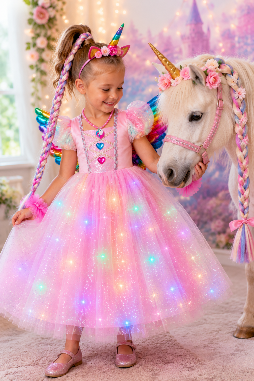 Rainbow Unicorn Magic LED Light-Up Princess Dress & Deluxe Accessory Set