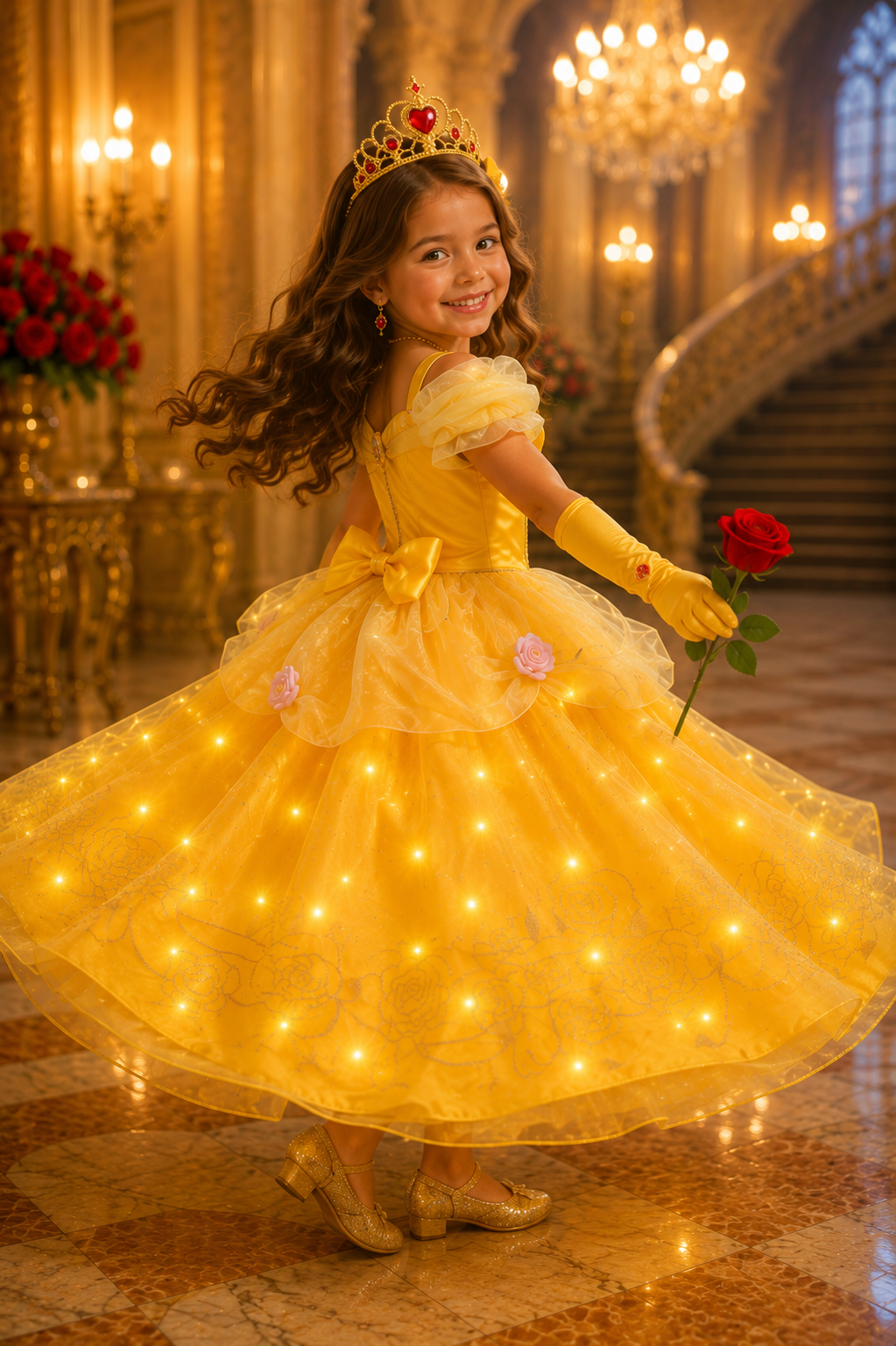 Belle Enchanted Rose LED Light-Up Deluxe Princess Dress Costume & Accessory Set
