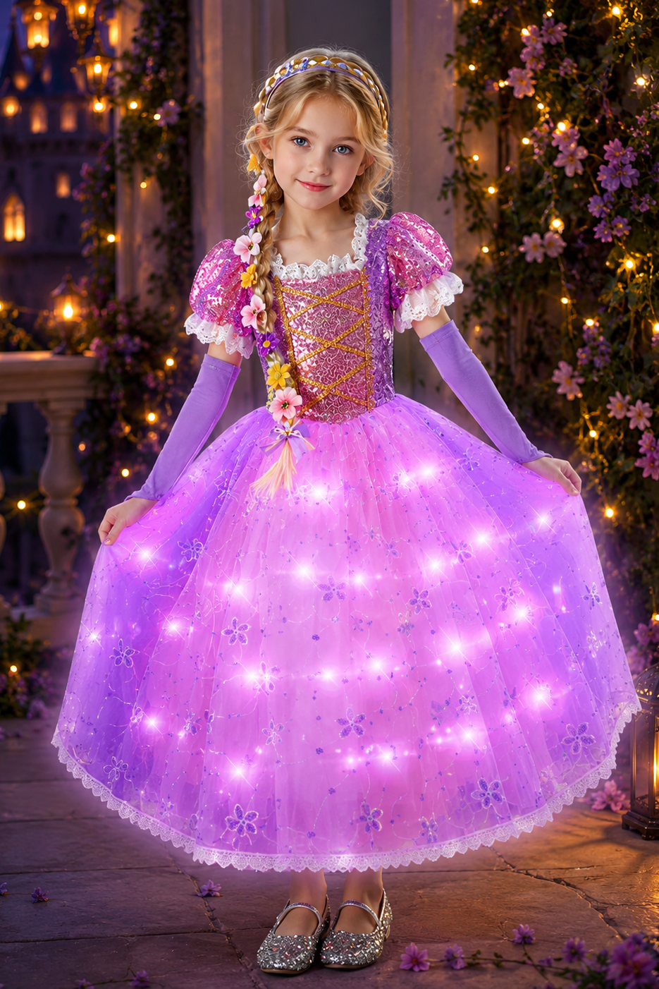 Rapunzel Tangled Lights LED Princess Dress & Flower Braid Headband Set