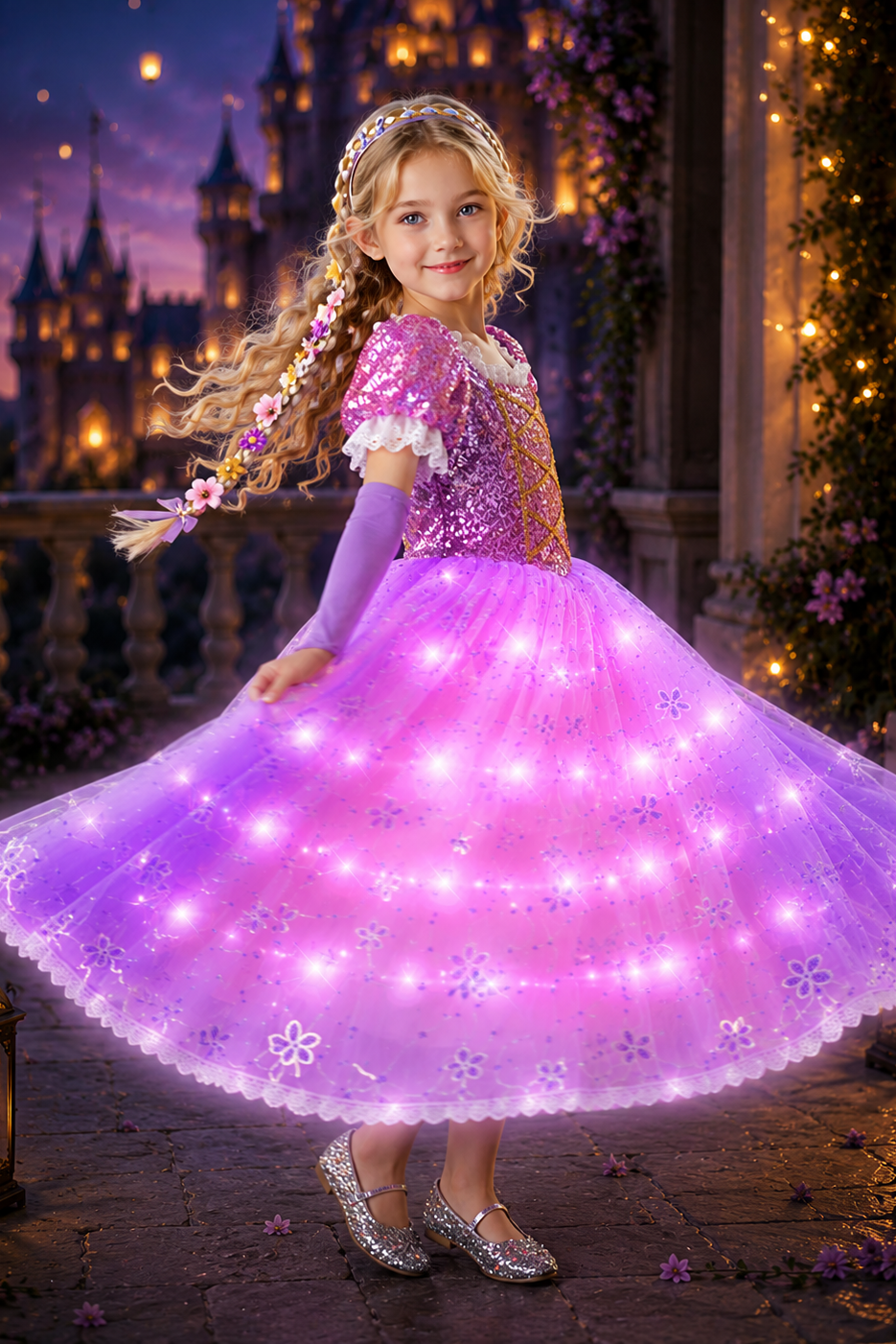 Rapunzel Tangled Lights LED Princess Dress & Flower Braid Headband Set