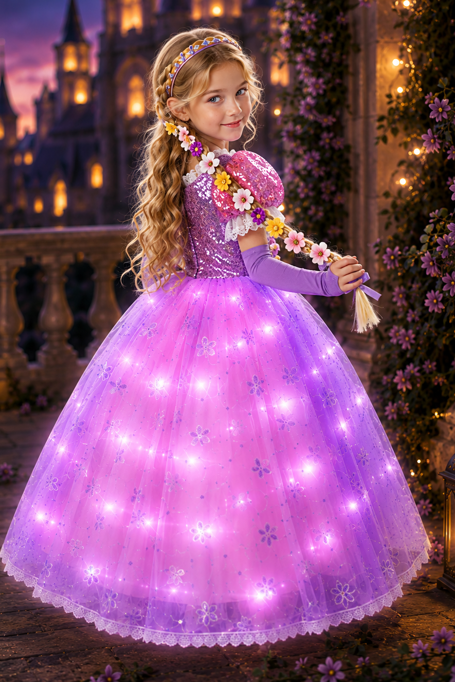 Rapunzel Tangled Lights LED Princess Dress & Flower Braid Headband Set