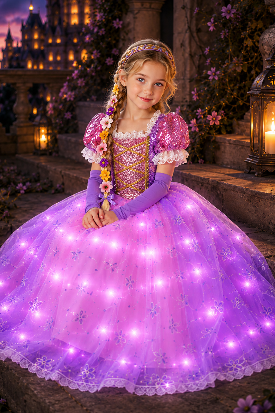 Rapunzel Tangled Lights LED Princess Dress & Flower Braid Headband Set