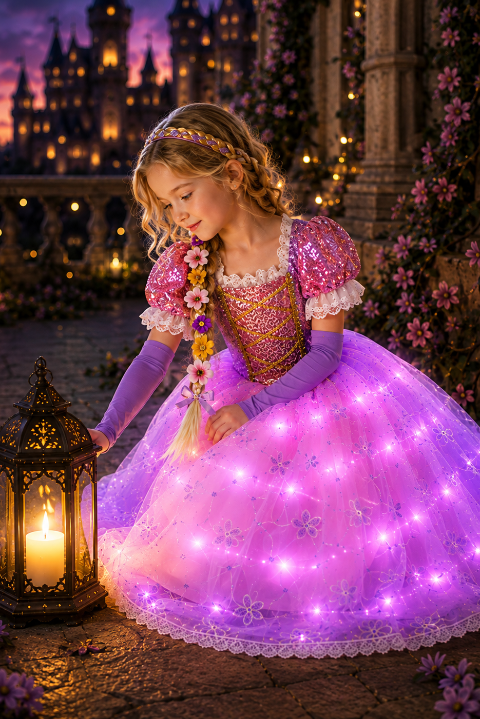 Rapunzel Tangled Lights LED Princess Dress & Flower Braid Headband Set