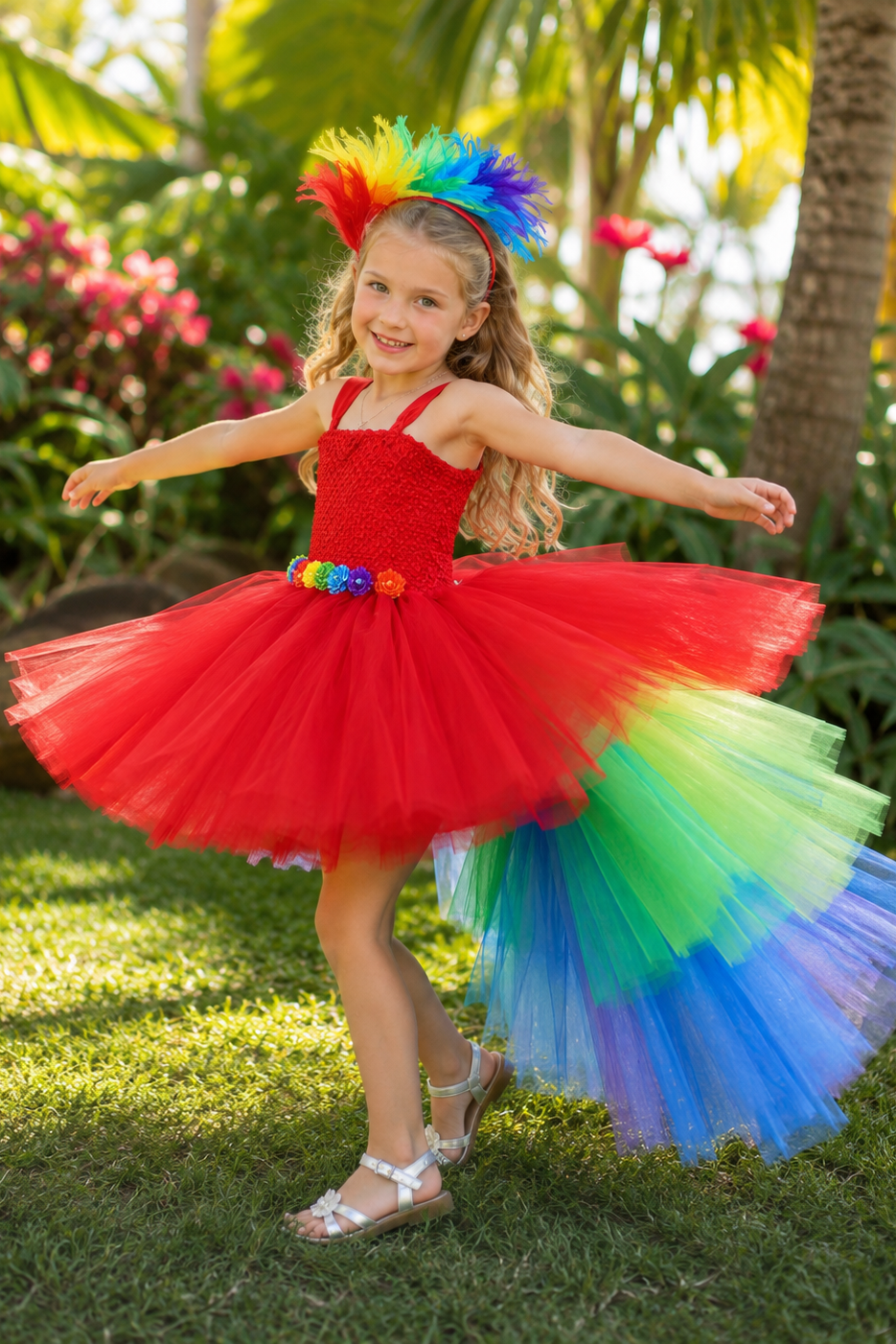 Tropical Macaw Rainbow Tutu Dress & Feather Headband Set