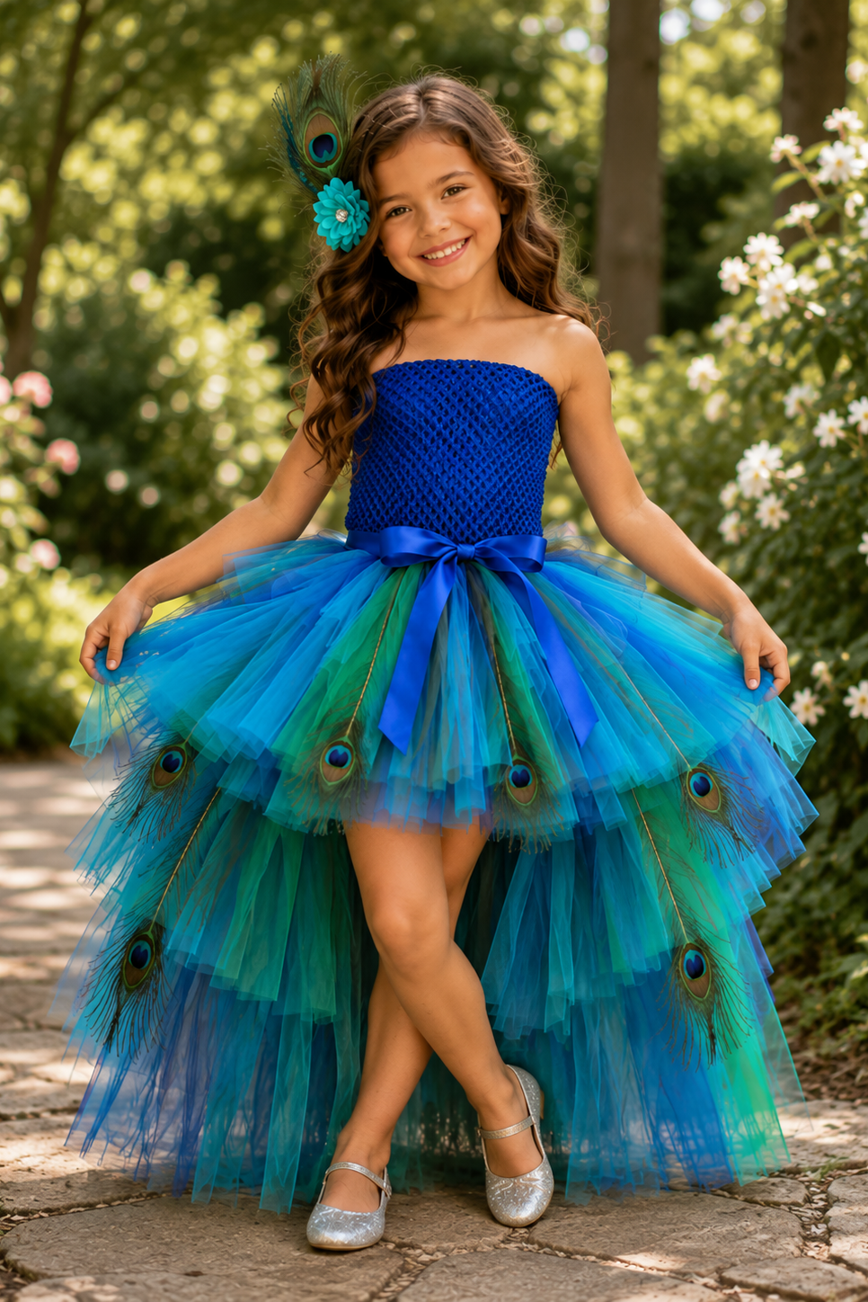 Peacock Princess Hi-Low Tutu Dress & Feather Hair Clip