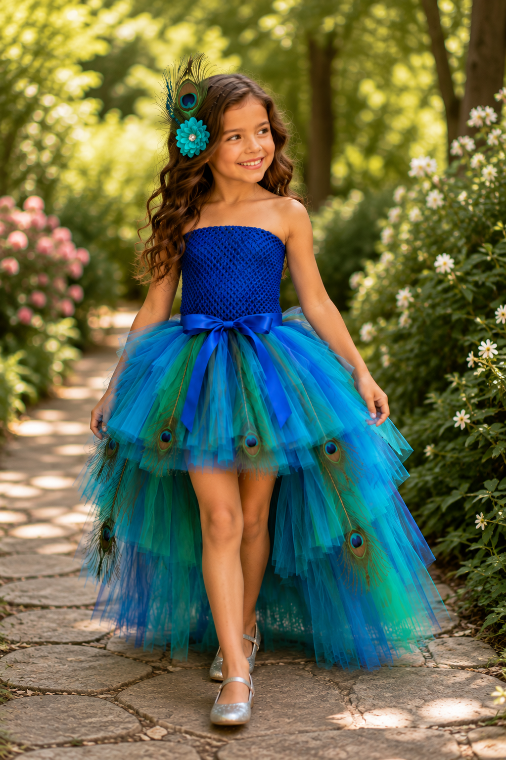 Peacock Princess Hi-Low Tutu Dress & Feather Hair Clip