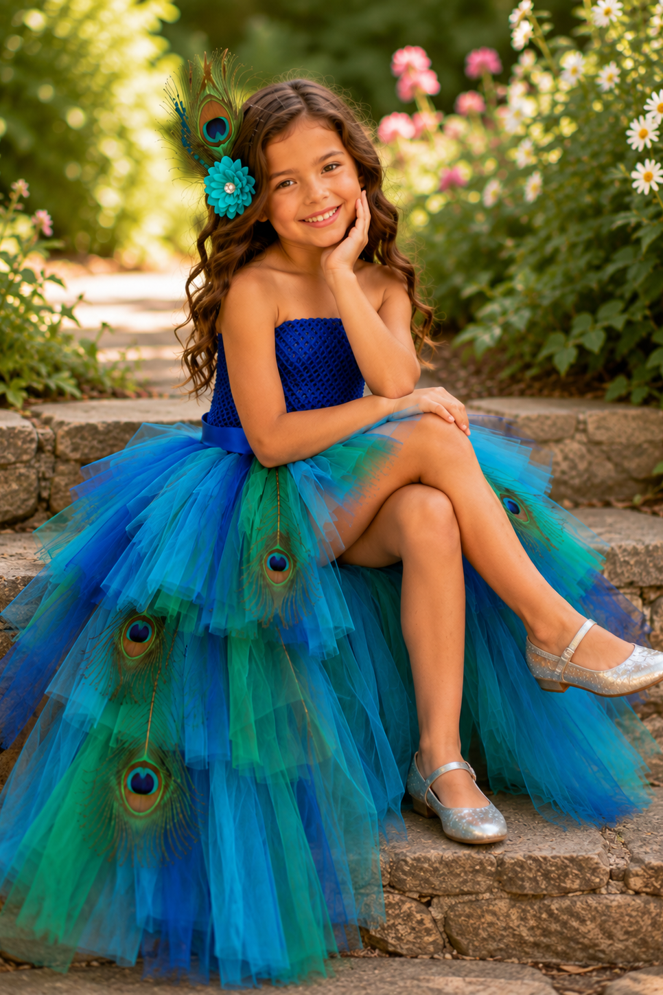 Peacock Princess Hi-Low Tutu Dress & Feather Hair Clip