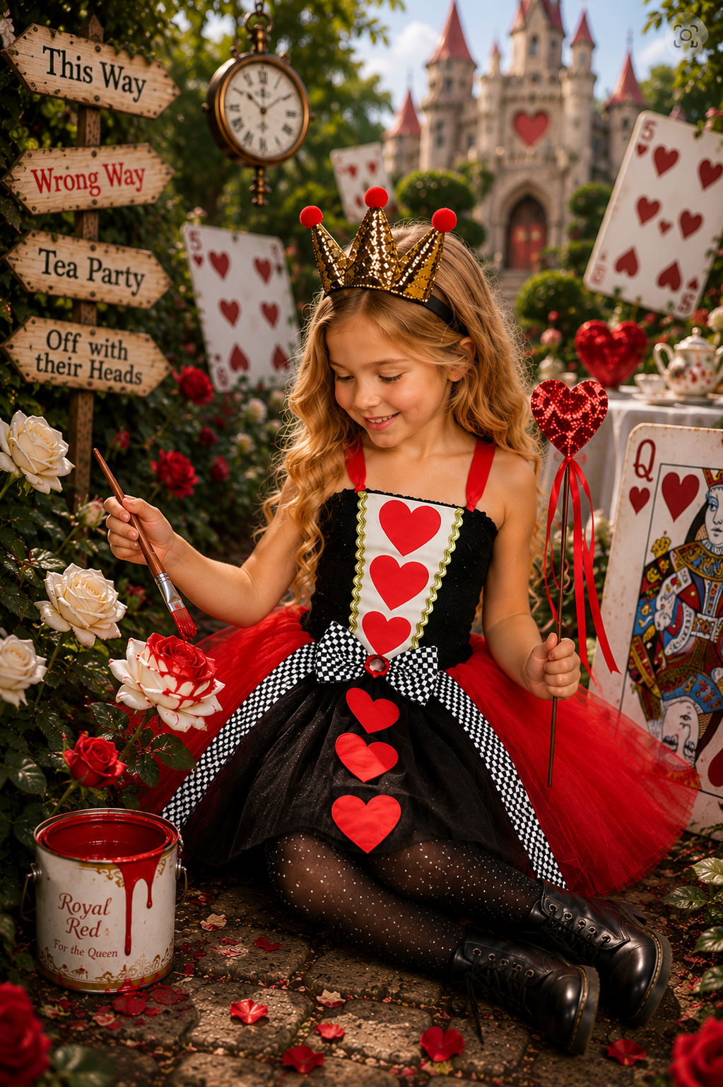 Queen of Hearts Royal Tutu Dress, Crown Headband & Heart Wand Set