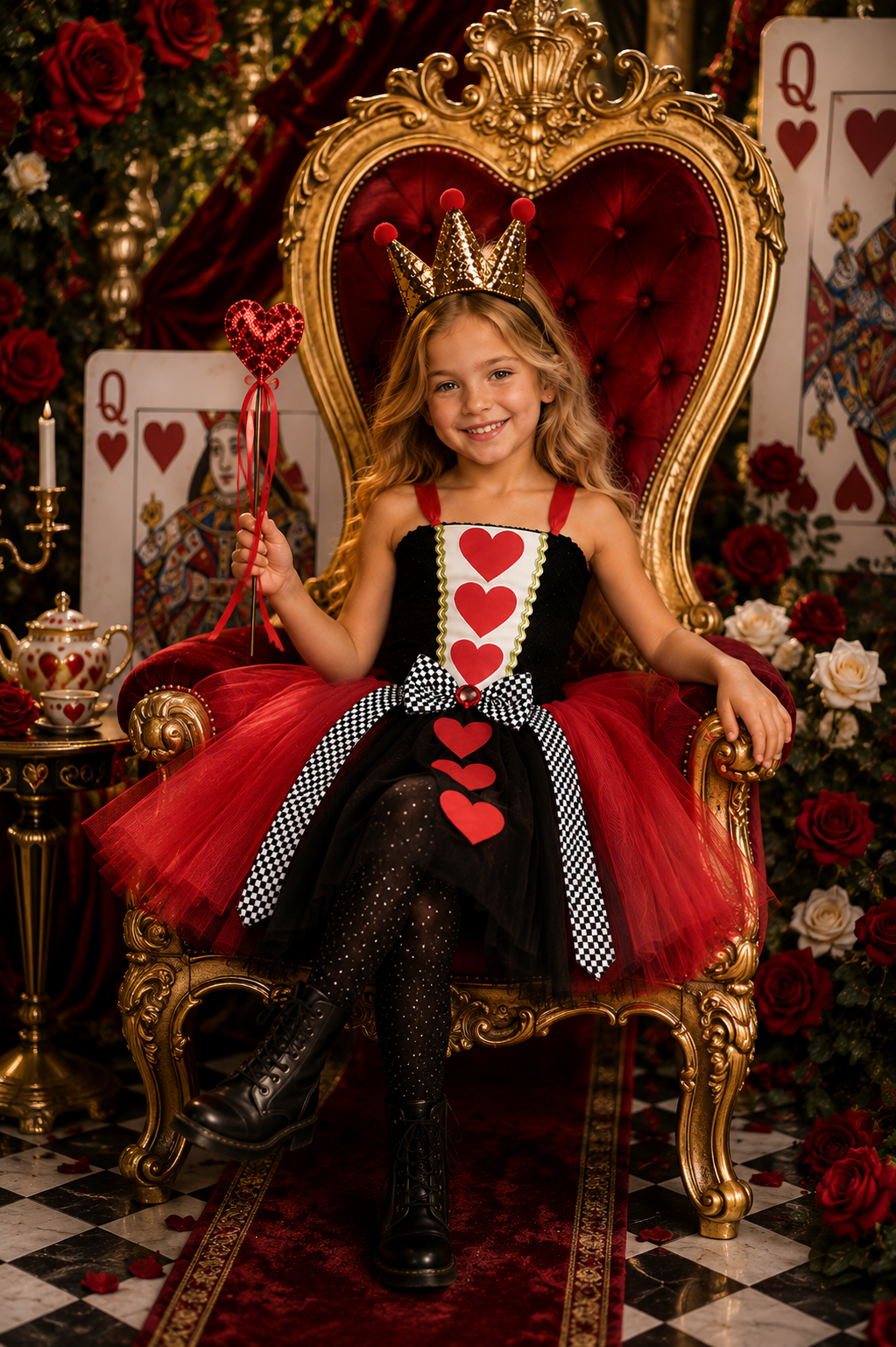 Queen of Hearts Royal Tutu Dress, Crown Headband & Heart Wand Set