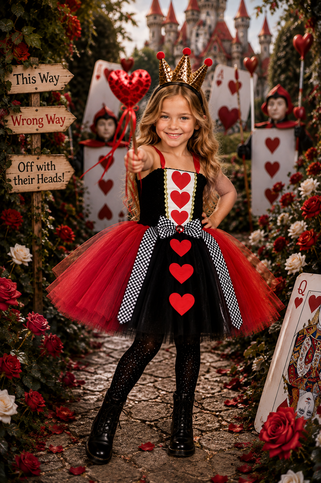 Queen of Hearts Royal Tutu Dress, Crown Headband & Heart Wand Set