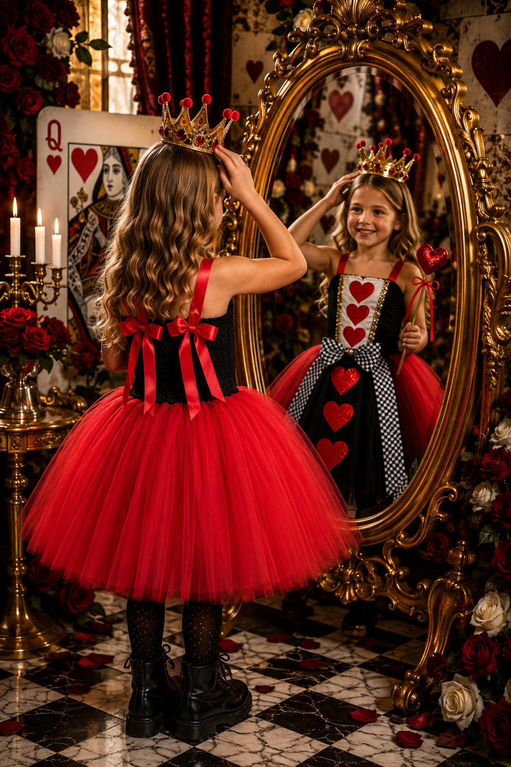 Queen of Hearts Royal Tutu Dress, Crown Headband & Heart Wand Set