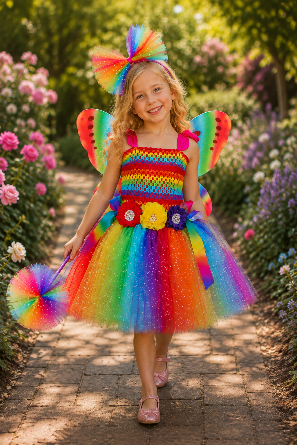 Rainbow Wishes Fairy Princess Tutu Dress, Wings & Wand Costume Set