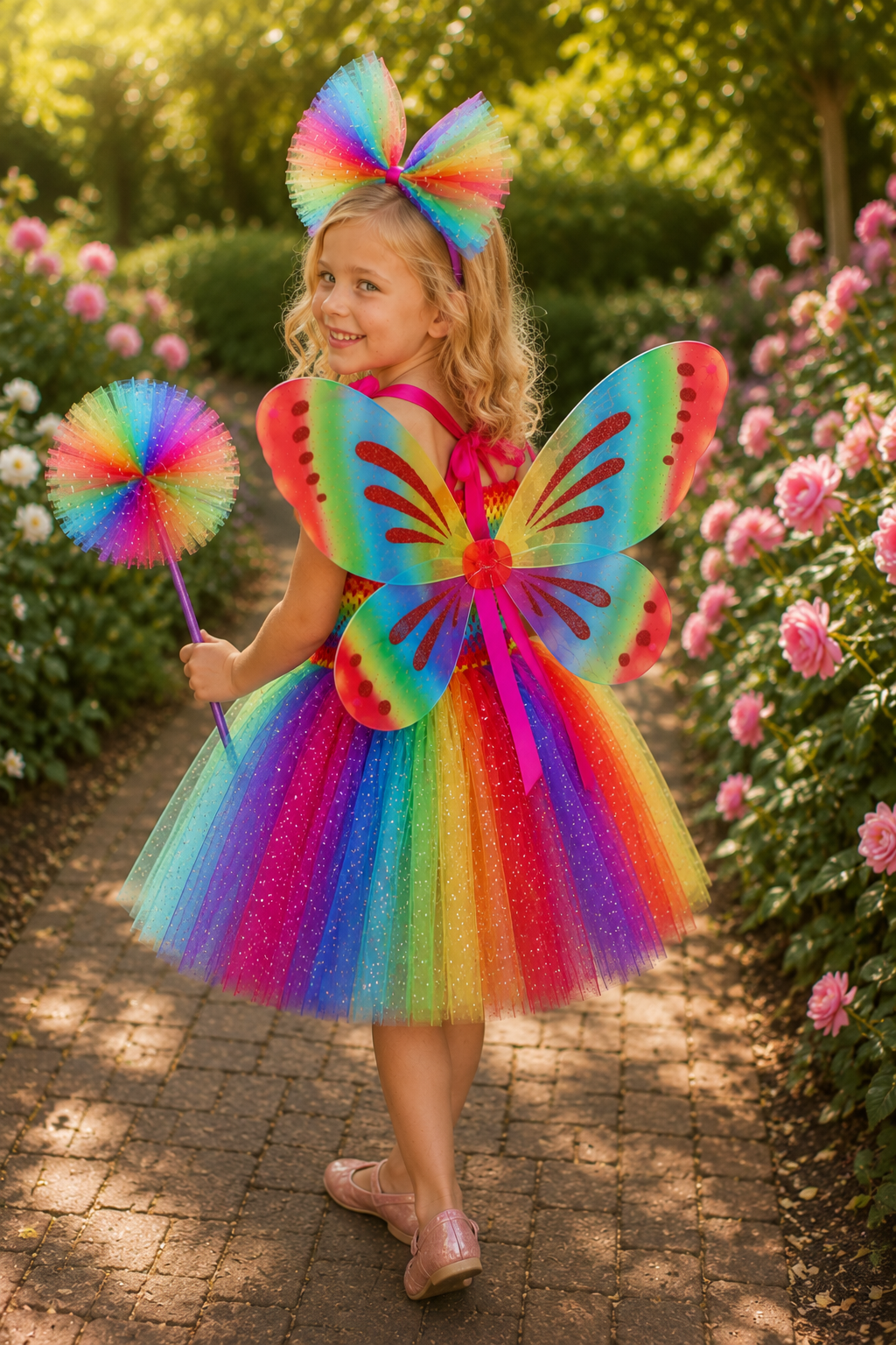 Rainbow Wishes Fairy Princess Tutu Dress, Wings & Wand Costume Set