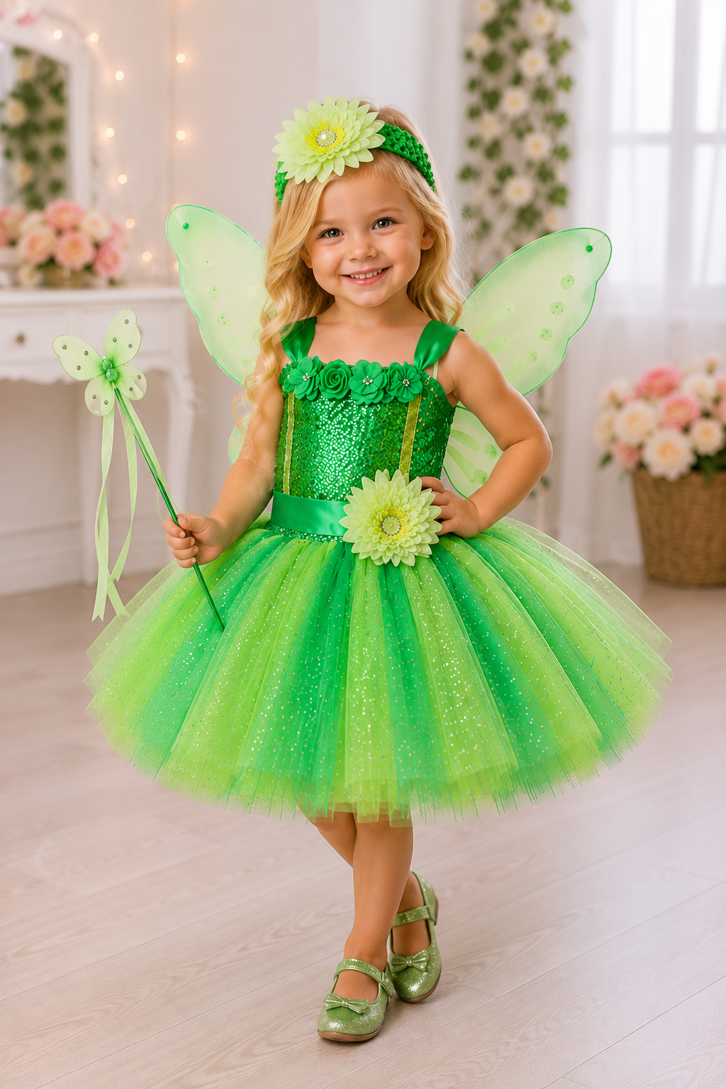 Tinker Bell's Enchanted Fairy Tutu Dress, Wings, Flower Headband & Magic Wand Set for Girls