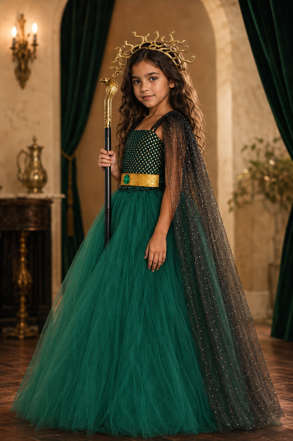 Mystic Medusa Goddess Costume Dress Set for Girls – Snake Crown, Cape & Staff