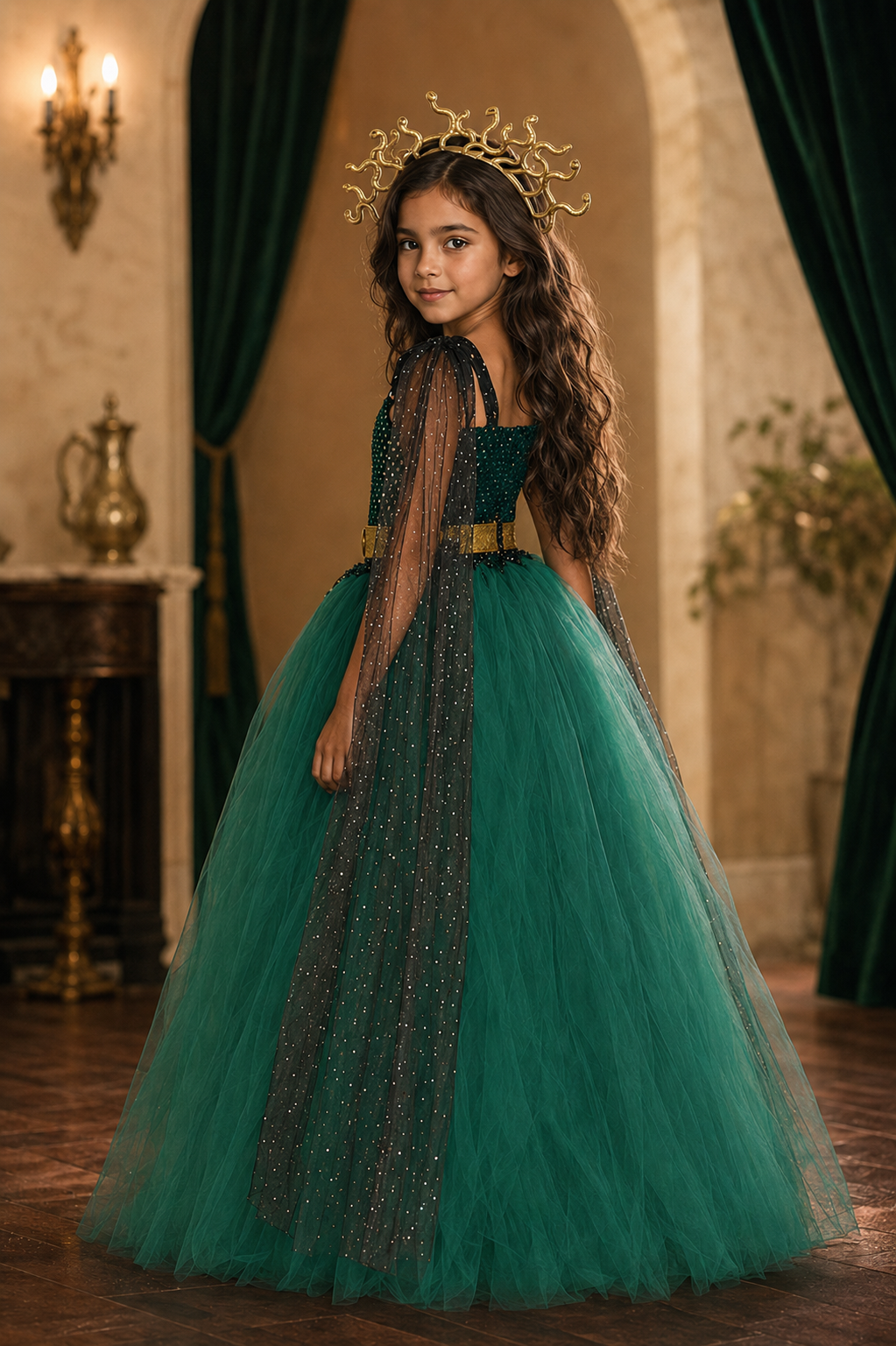 Mystic Medusa Goddess Costume Dress Set for Girls – Snake Crown, Cape & Staff