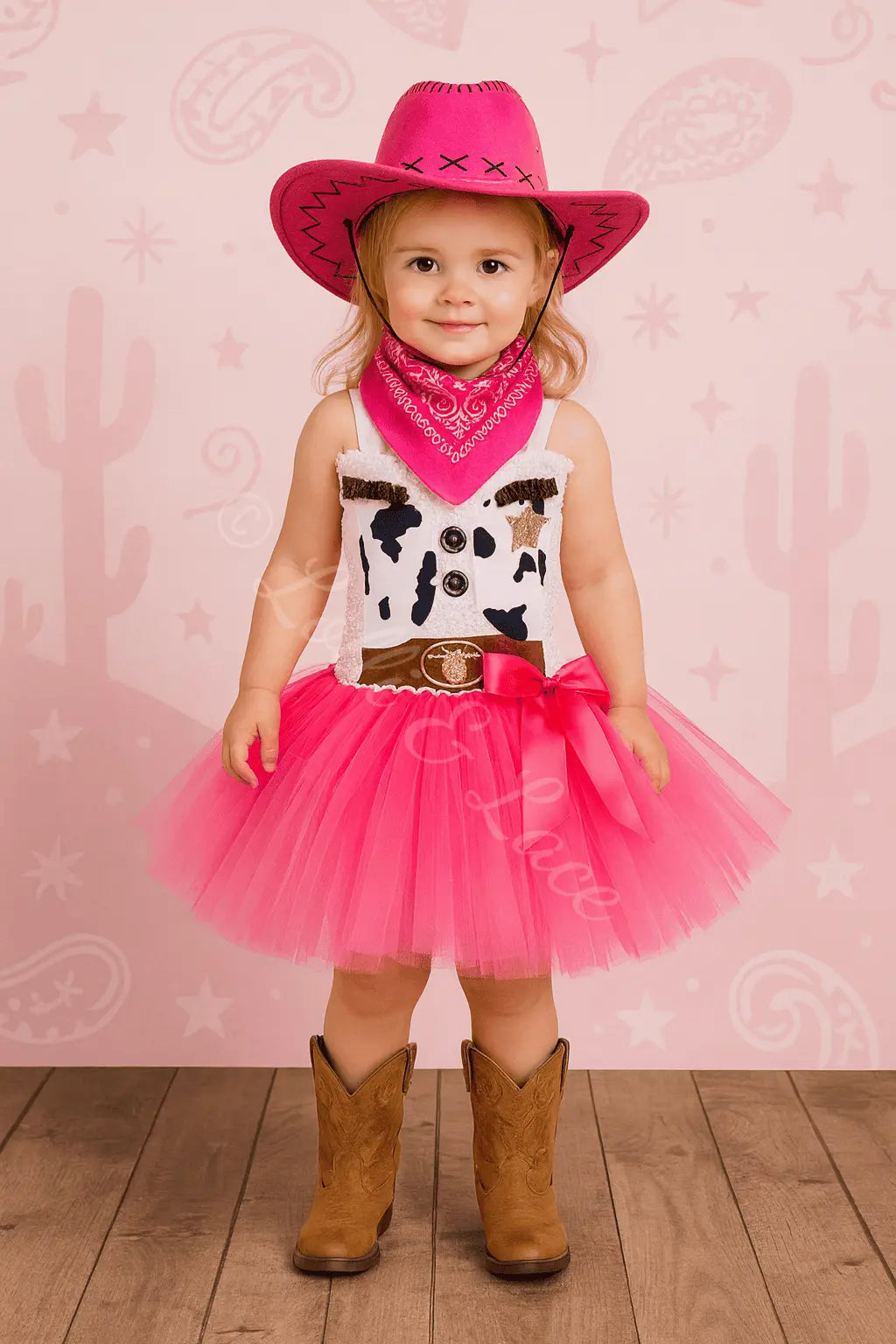 Little girl wearing a pink cowgirl tutu dress with matching western hat and bandana for Halloween, rodeo parties, and dress-up play.