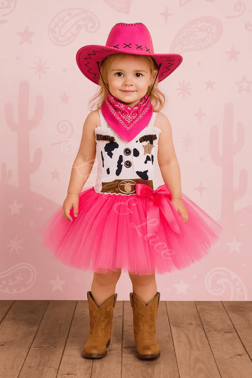 Little girl wearing a pink cowgirl tutu dress with matching western hat and bandana for Halloween, rodeo parties, and dress-up play.