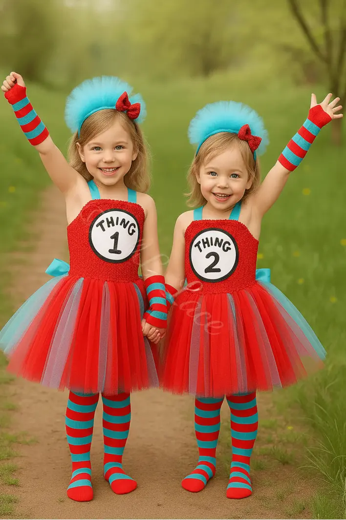 Double Trouble Twirl Dress Set featuring a red and blue tutu dress with striped stockings, matching gloves, and playful headband for girls and toddlers.