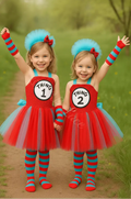 Double Trouble Twirl Dress Set featuring a red and blue tutu dress with striped stockings, matching gloves, and playful headband for girls and toddlers.