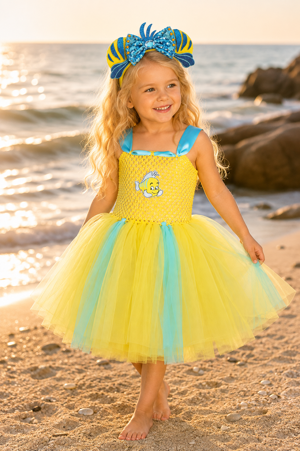 Flounder-inspired yellow and aqua tutu dress for girls with stretchy yellow bodice, layered tulle skirt, fish applique, and matching fish ear headband.