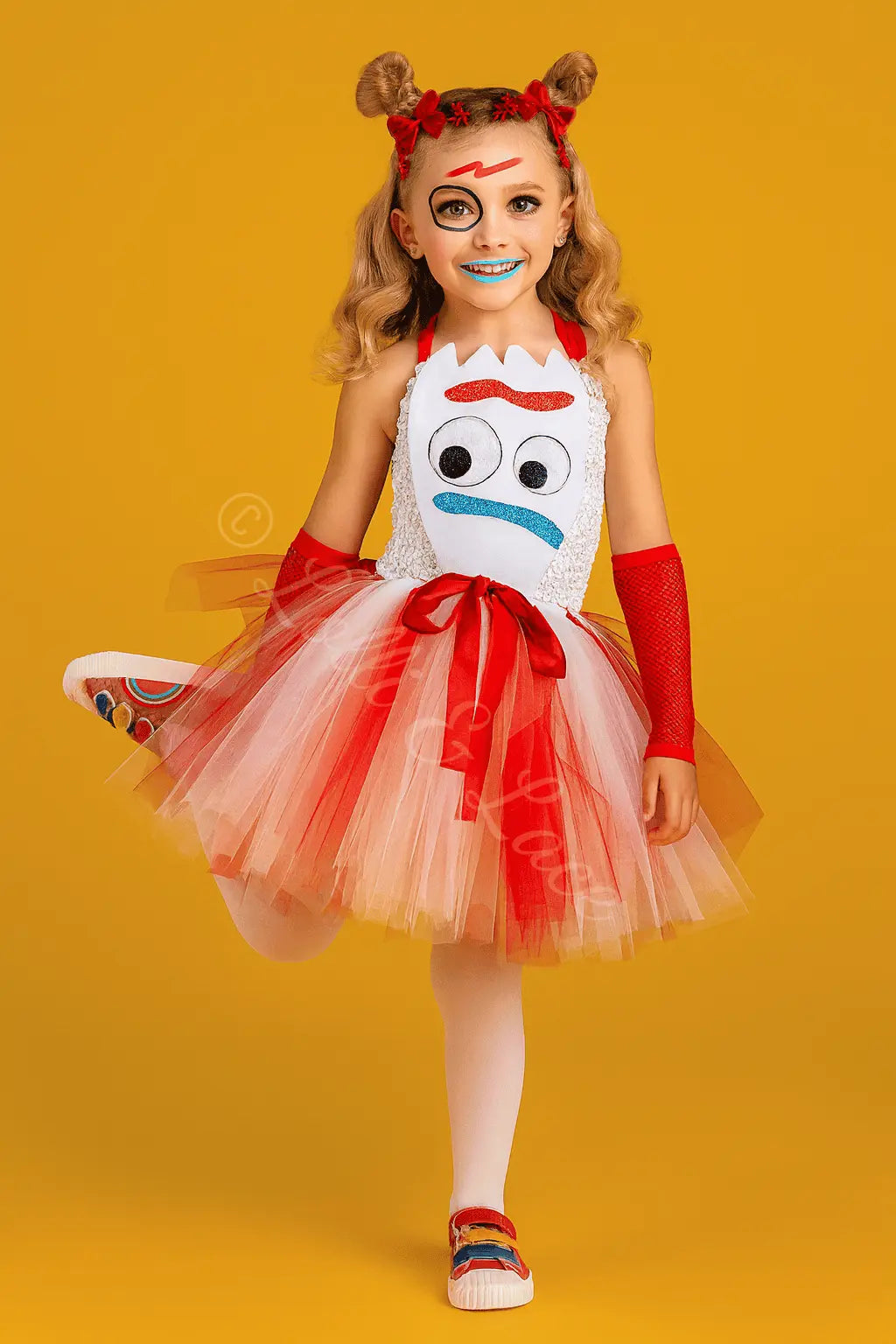 Girl wearing a Forky-inspired tutu costume featuring a white character bodice, red and white layered tutu skirt, red gloves, and playful dress-up accessories.