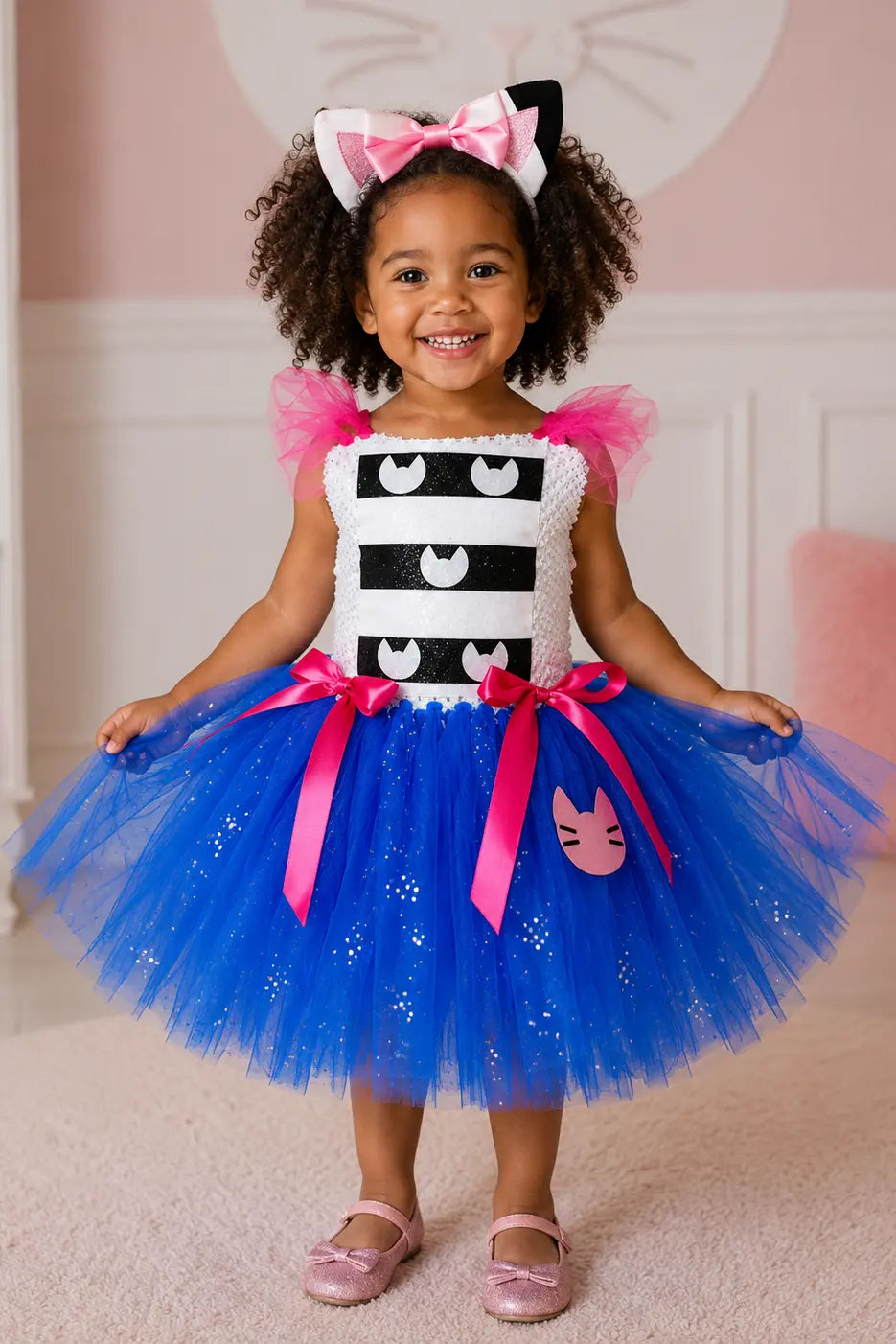 An adorable Gabby's Dollhouse inspired costume featuring a sparkly blue tutu dress with kitty-themed details, pink ribbon accents, and a matching cat ear headband. Perfect for Halloween, birthday parties, dress-up play, photoshoots, and magical adventures.