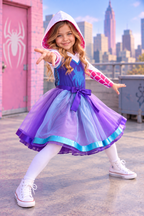Ghost Spider girls hooded tutu costume dress with purple skirt, pink web sleeves and glitter spider emblem