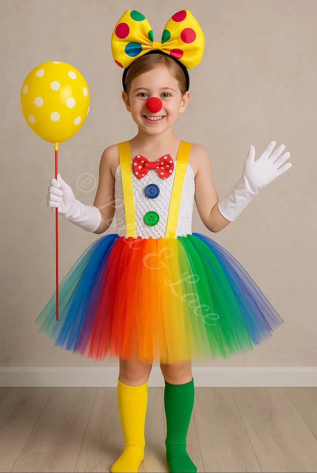 Rainbow clown princess tutu dress costume for girls with colorful tulle skirt, clown bow headband, gloves, striped socks, and balloon accessory by Lolli & Lace