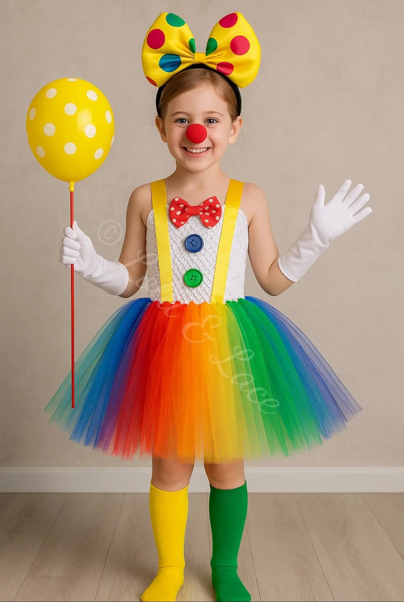 Rainbow clown princess tutu dress costume for girls with colorful tulle skirt, clown bow headband, gloves, striped socks, and balloon accessory by Lolli & Lace