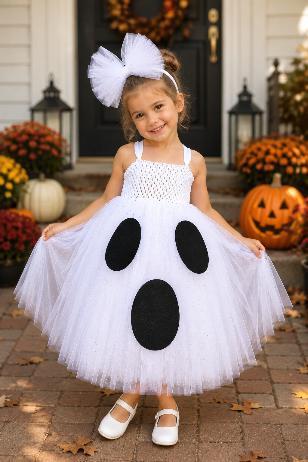 Girls ghost costume white sparkle tutu dress with matching bow headband