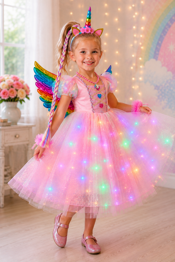 Girl wearing pink rainbow LED light up unicorn dress with colorful wings and unicorn horn headband