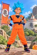 Goku Super Saiyan Blue kids Halloween costume set with orange outfit blue spiked wig tail wristbands belt and shoe covers