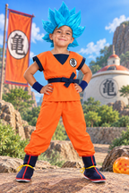 Goku Super Saiyan Blue kids Halloween costume set with orange outfit blue spiked wig tail wristbands belt and shoe covers