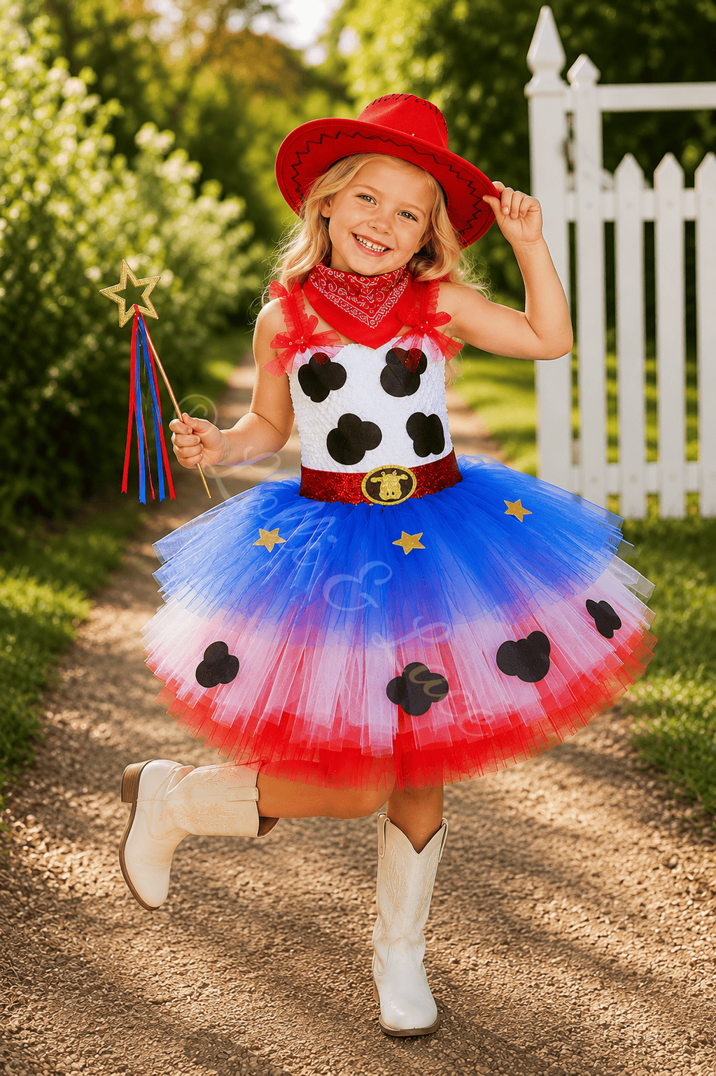 Girl wearing a Jessie-inspired cowgirl tutu dress with a red cowboy hat, red bandana, cow-print bodice, layered red, white, pink, and blue skirt, and star wand.